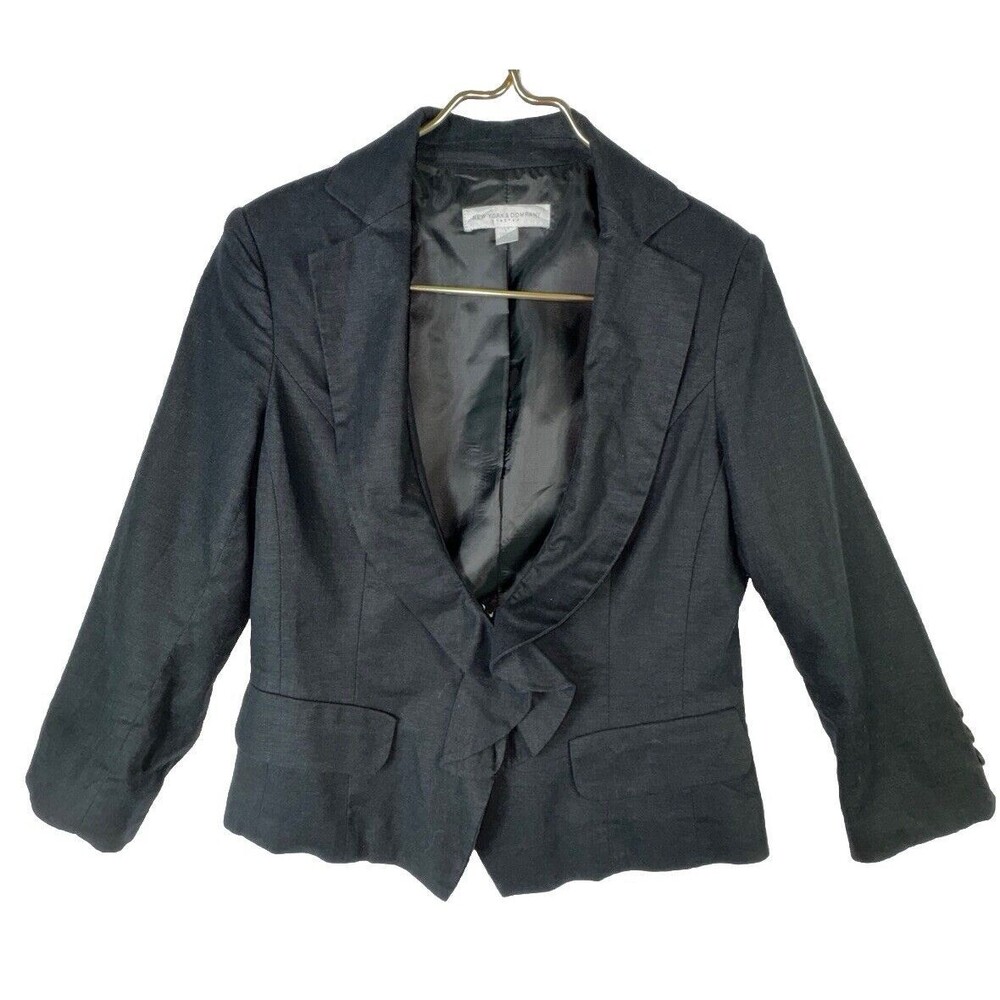 New York & Company Black Linen Stretch Size 6 Blazer‎ Ruffle Jacket Work Classic